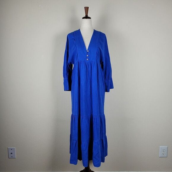 Zara Dress Womens XS Blue Cobalt Linen .Long Midi Tiered Boho Ruffles - Picture 2 of 7
